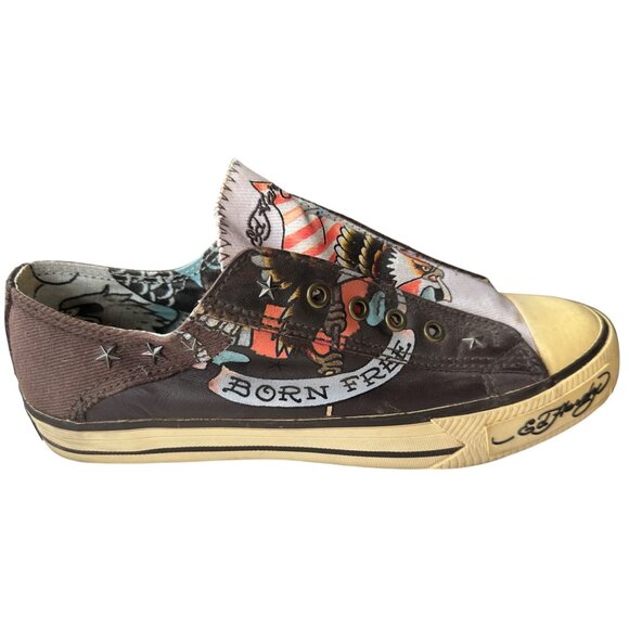 Ed Hardy Born Free Brown Leather Sneakers Adult Unisex/Women Size 10 (READ) - Picture 3 of 16